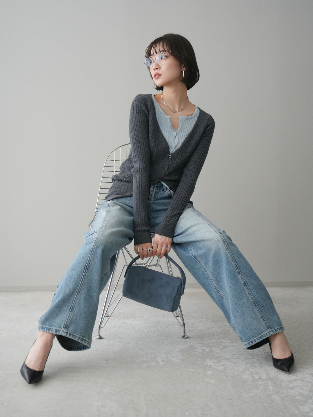 [予約]バイカラーレイヤードニットカーディガン/gray