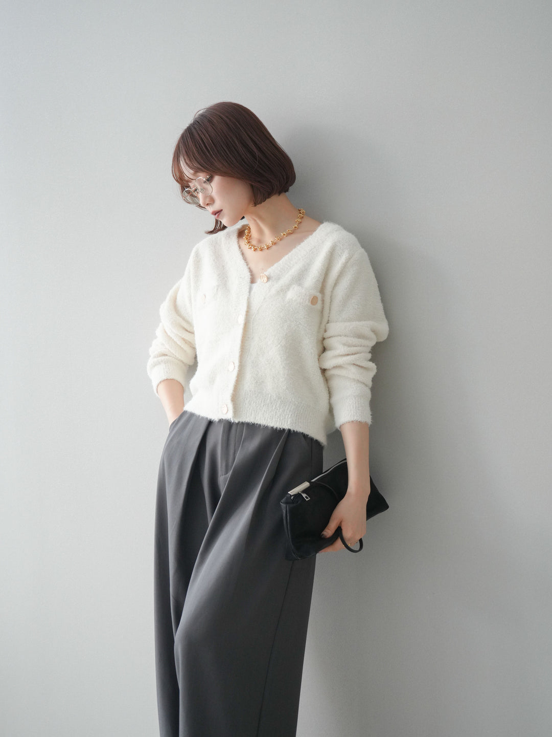 [SET]ゴールドボタンモールニットカーディガン+ベルトループデザインワイドパンツ(2set)