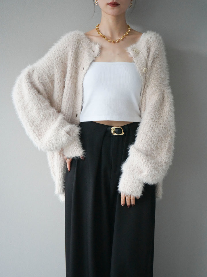 [SET]クルーネックランダムシャギーカーディガン+ベルトループデザインワイドパンツ(2set)