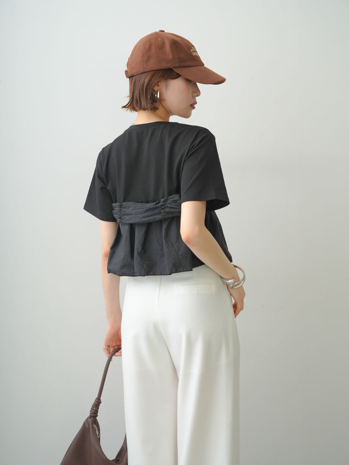 [SET]ナイロンドッキングツイストTEE +アシンメトリーベルトタックワイドパンツ(2set)