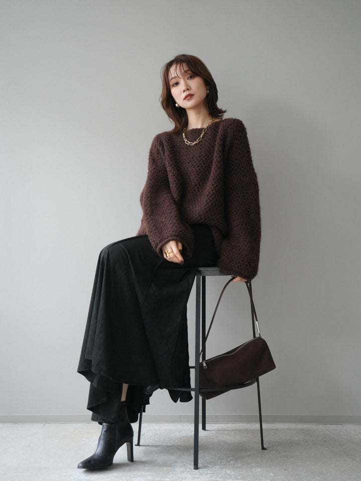 [予約]ワッフル編みオーバーニットプルオーバー/brown