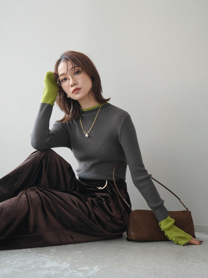 [SET]袖ボタンハイネック配色リブニットトップス+ベロアベルトスリムパンツ(2set)