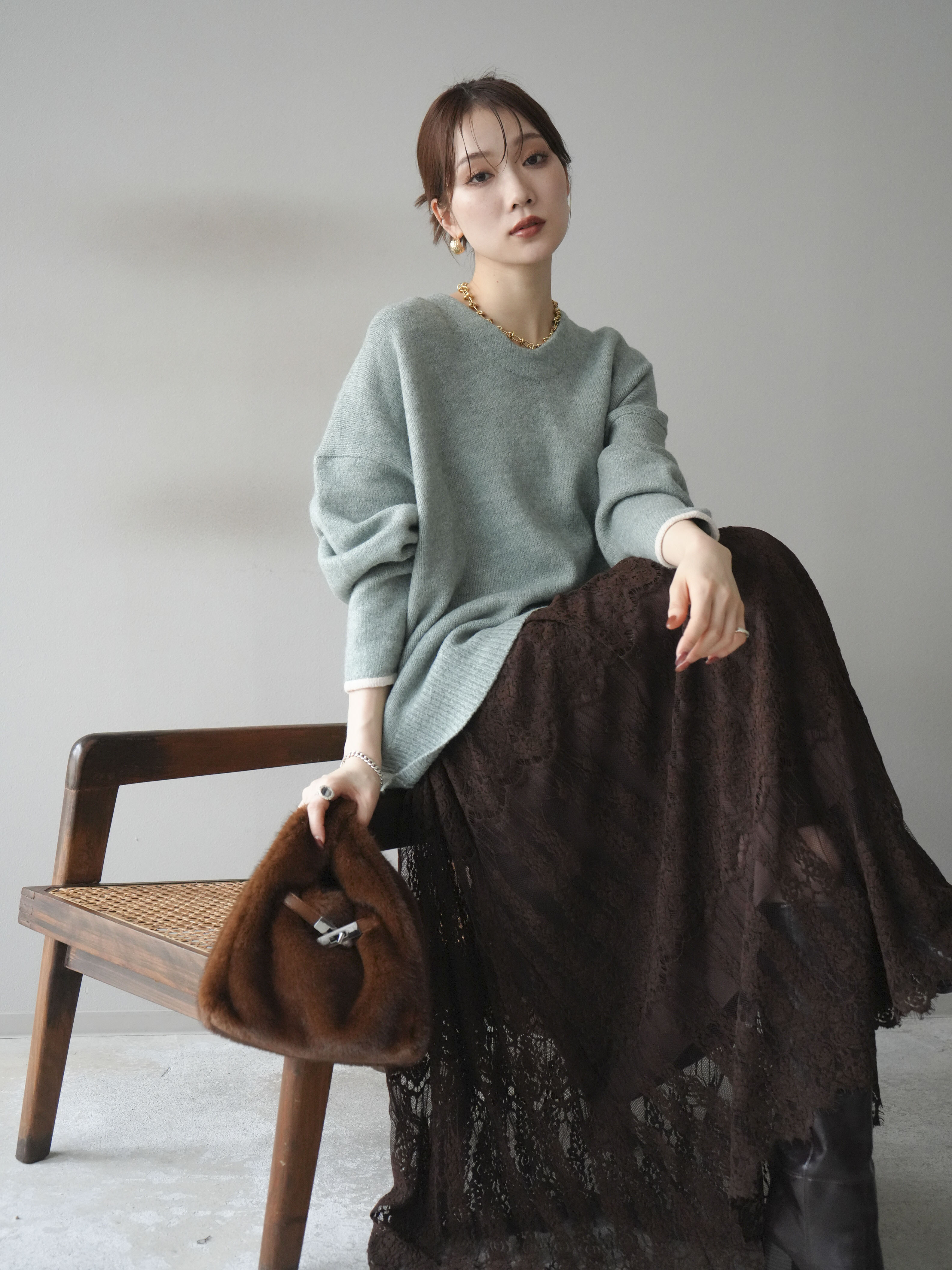 予約]Vネック配色スリーブニットプルオーバー/mint – Lumier