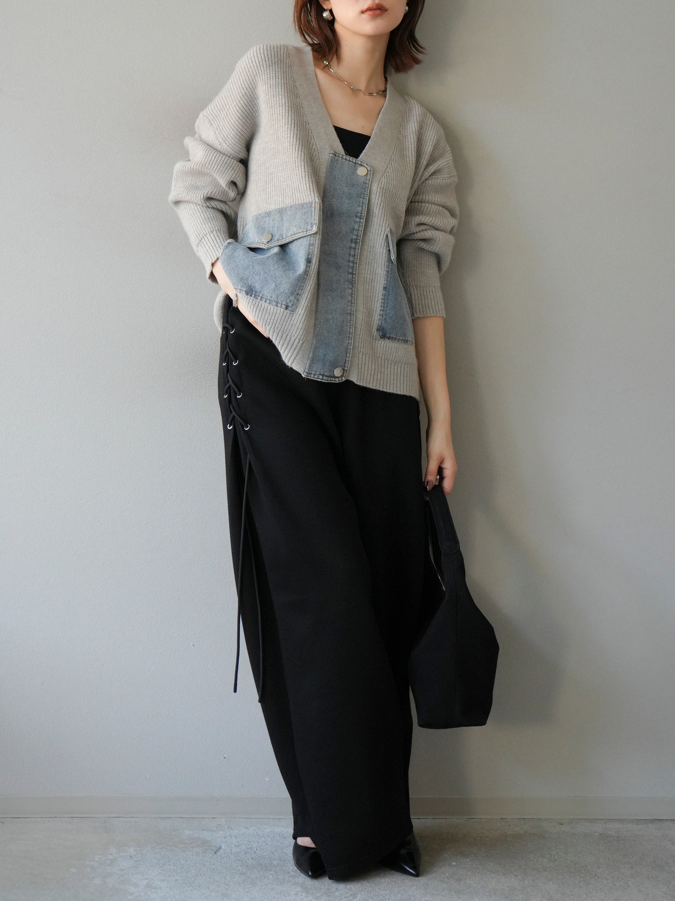 予約]デニムポケットデザインニットカーディガン/グレー – Lumier