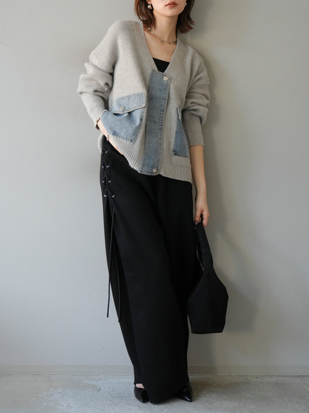 [予約]デニムポケットデザインニットカーディガン/グレー