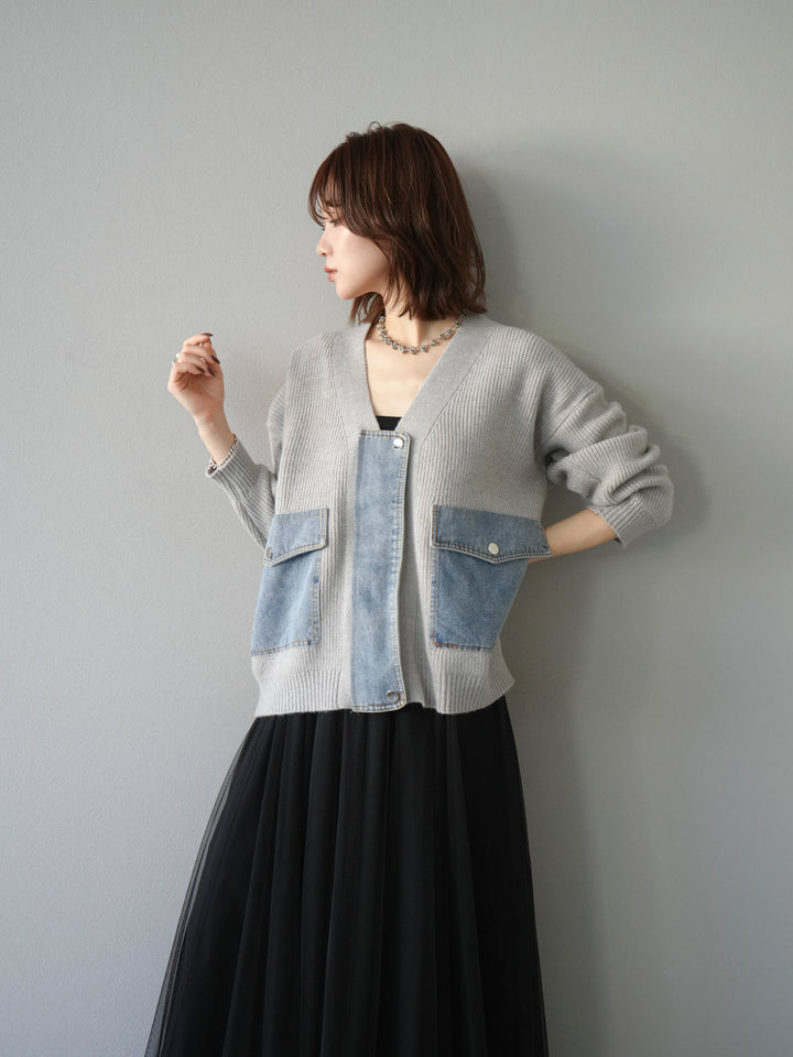 [予約]デニムポケットデザインニットカーディガン/グレー