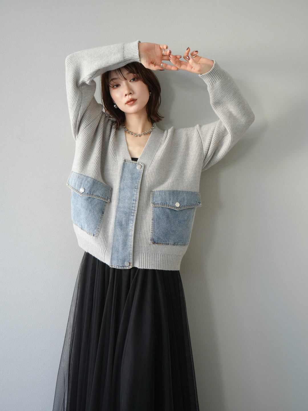 [予約]デニムポケットデザインニットカーディガン/グレー