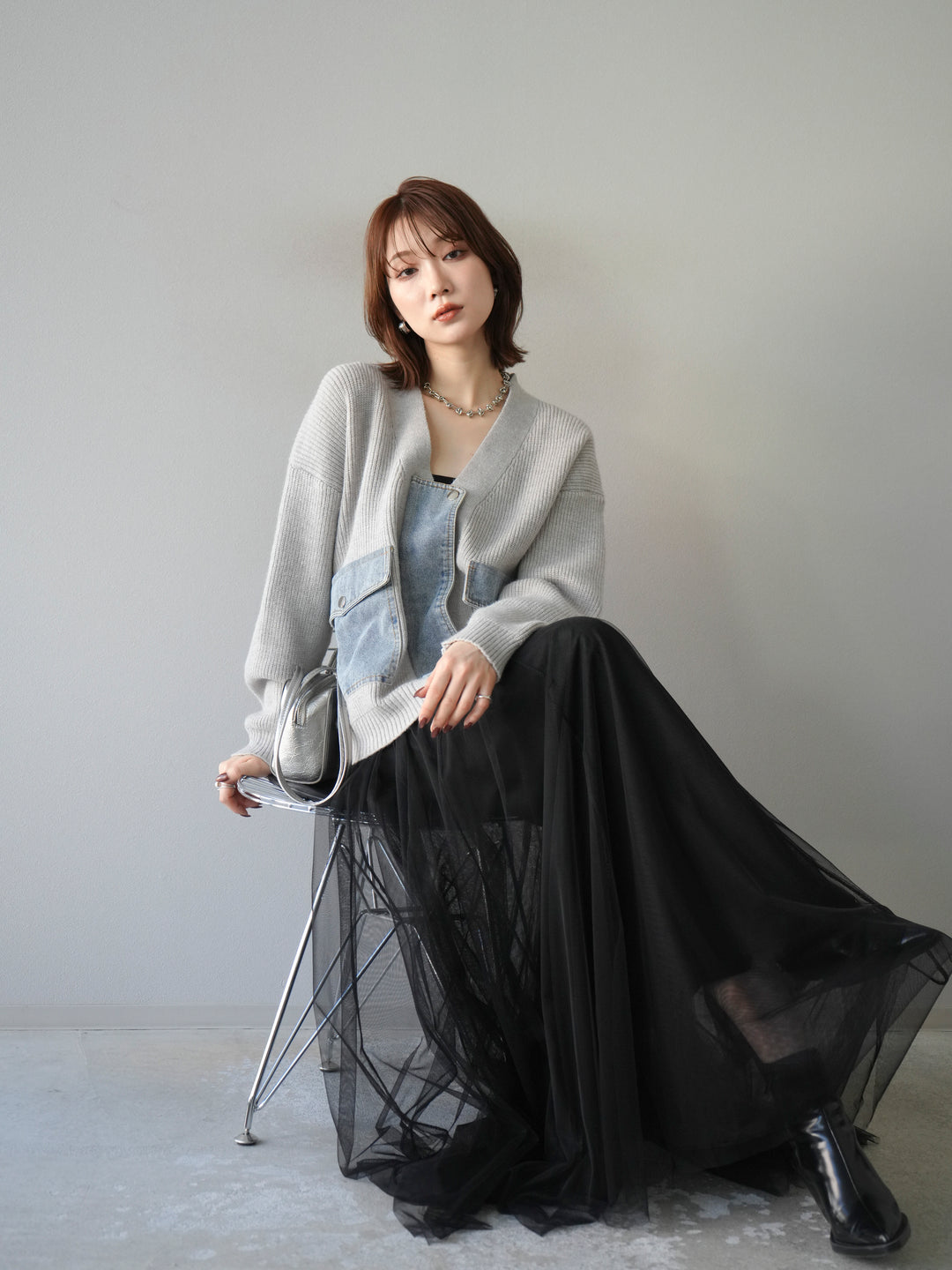 [予約]デニムポケットデザインニットカーディガン/グレー