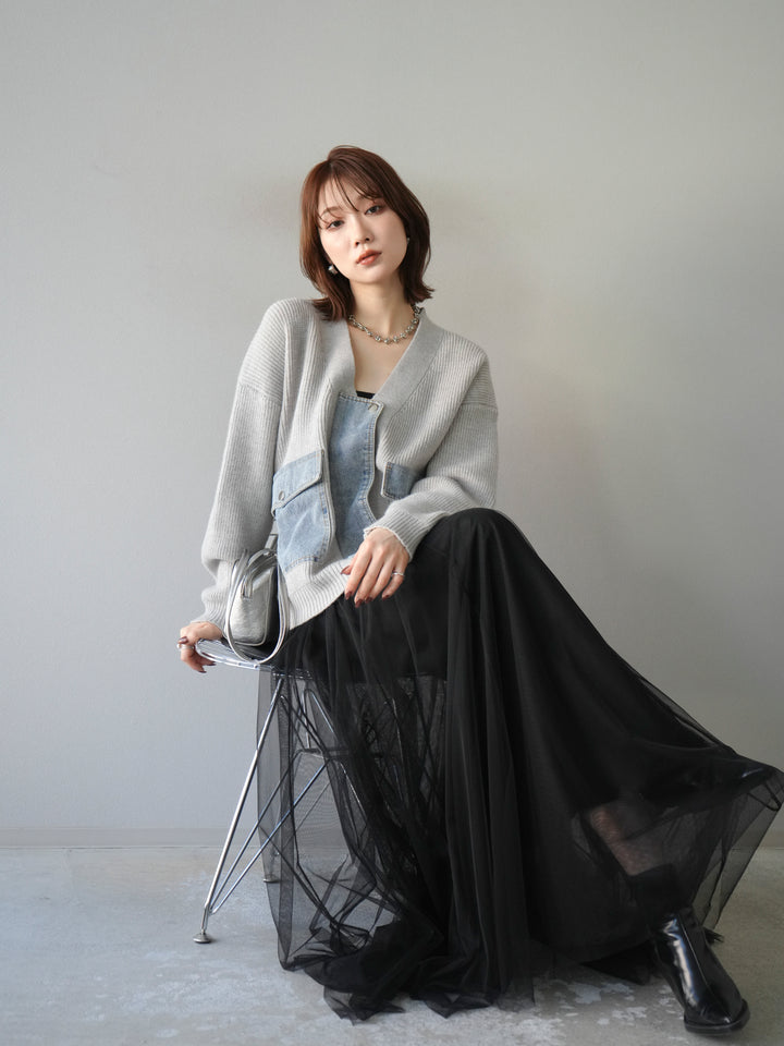 [予約]デニムポケットデザインニットカーディガン/グレー