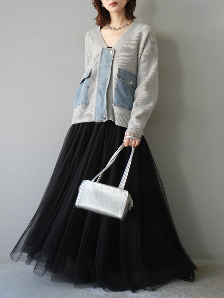 [予約]デニムポケットデザインニットカーディガン/グレー