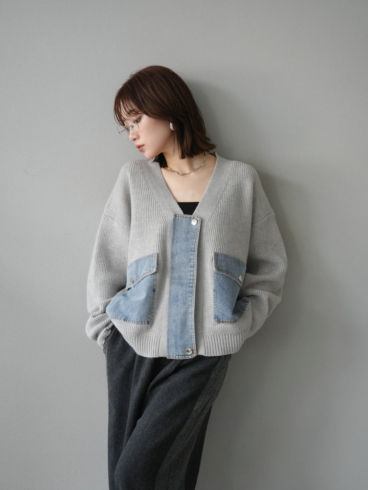 [予約]デニムポケットデザインニットカーディガン/グレー