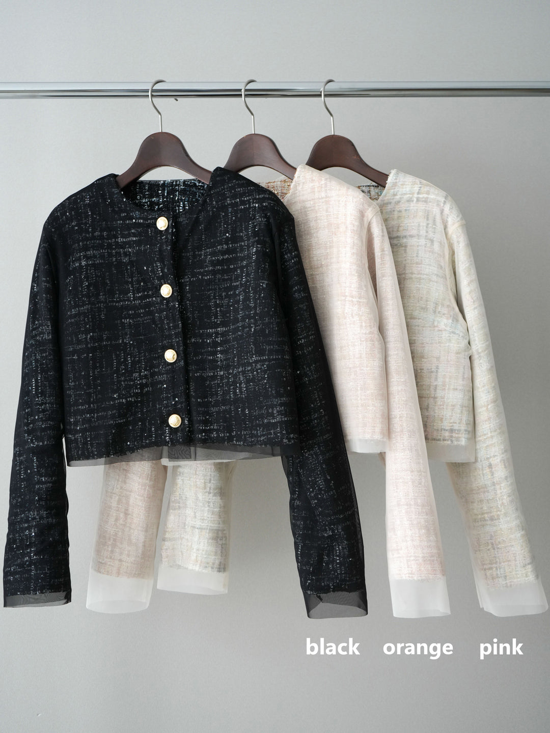 [SET]チュールレイヤードツイードクロップドジャケット+裾ZIPスエットワイドパンツ(2set)