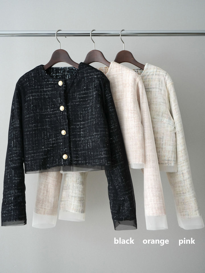 [SET]チュールレイヤードツイードクロップドジャケット+裾ZIPスエットワイドパンツ(2set)