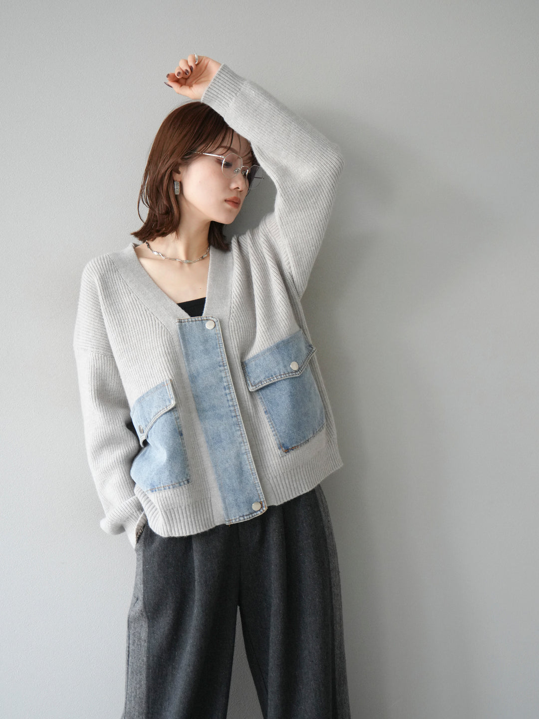 [予約]デニムポケットデザインニットカーディガン/グレー