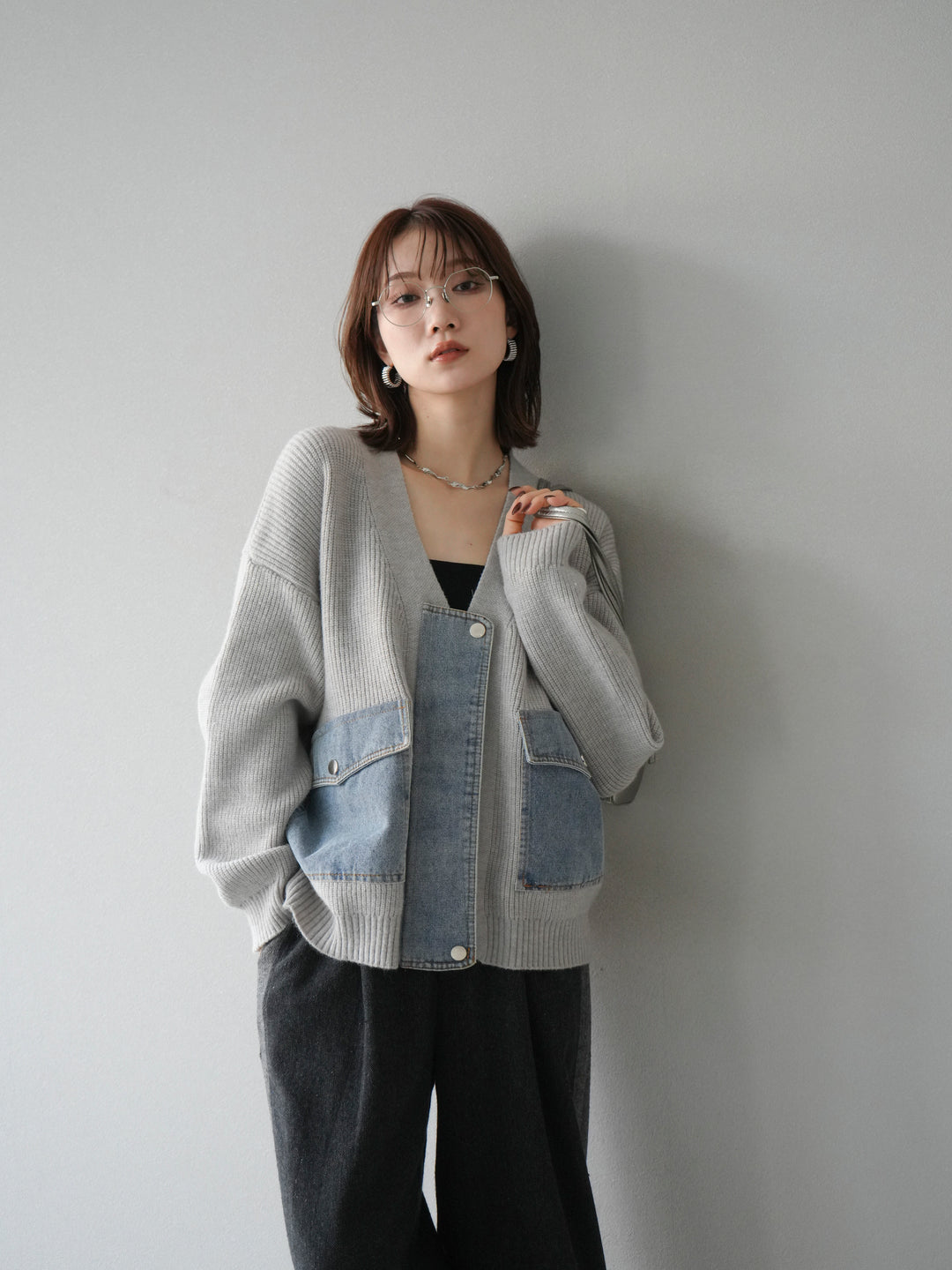 [予約]デニムポケットデザインニットカーディガン/グレー