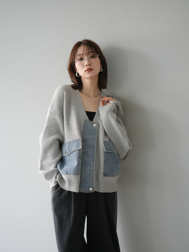[予約]デニムポケットデザインニットカーディガン/グレー