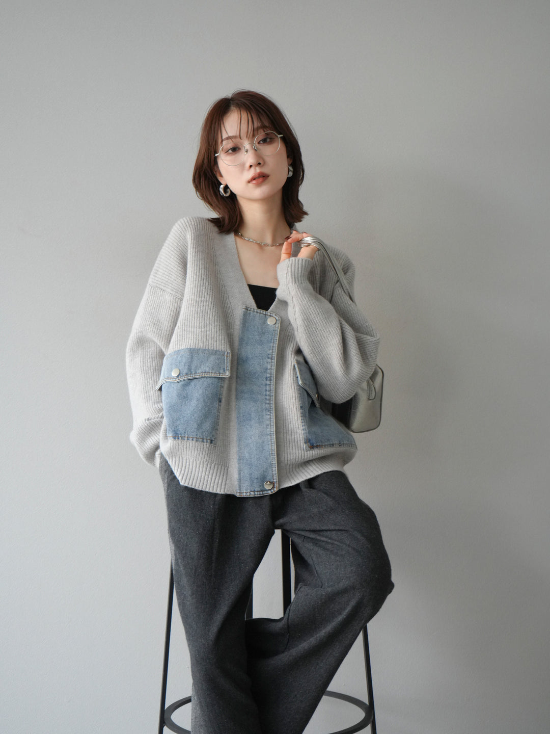 [予約]デニムポケットデザインニットカーディガン/グレー