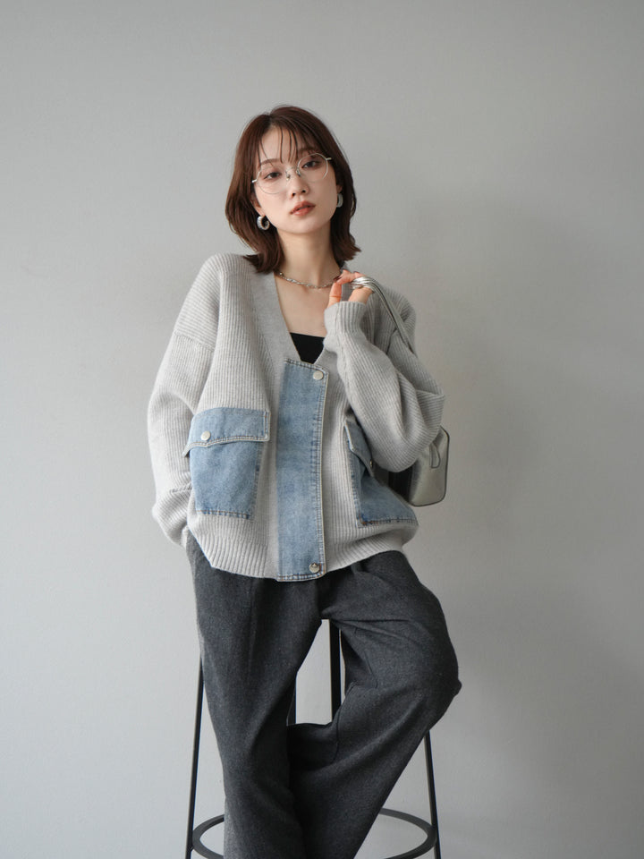 [予約]デニムポケットデザインニットカーディガン/グレー