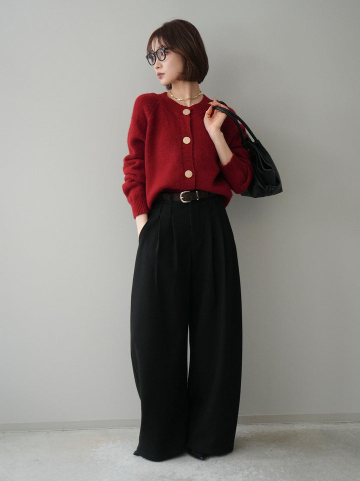 [SET]BIGボタンニットカーディガン+アニマル柄ベルト付きウールタッチワイドパンツ(2set)