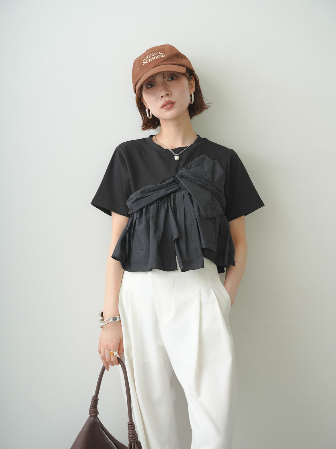 [SET]ナイロンドッキングツイストTEE +アシンメトリーベルトタックワイドパンツ(2set)