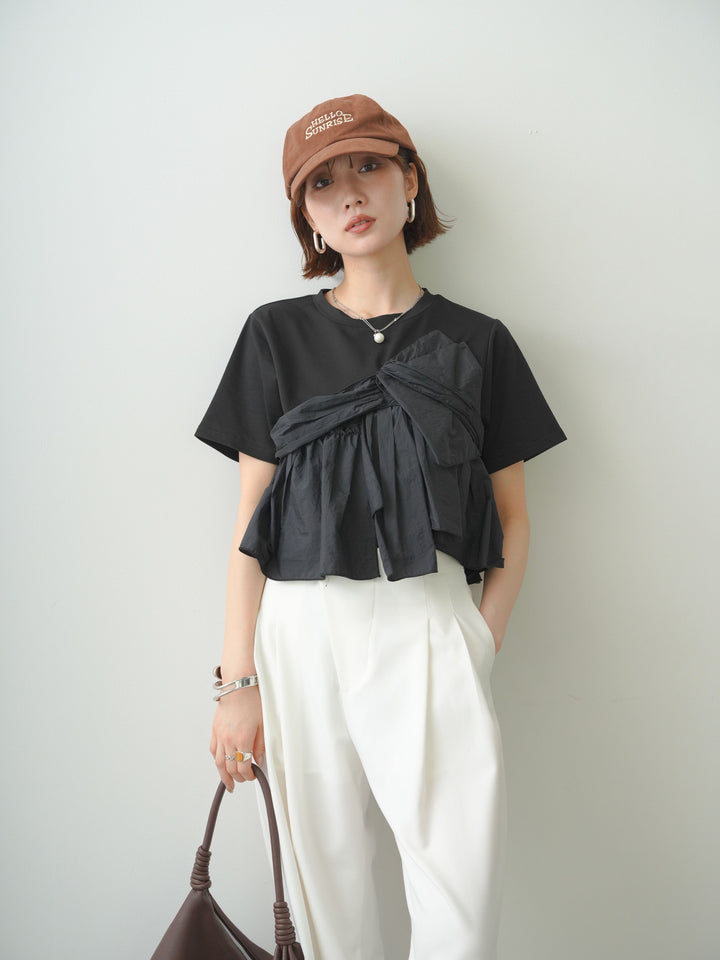 [SET]ナイロンドッキングツイストTEE +アシンメトリーベルトタックワイドパンツ(2set)