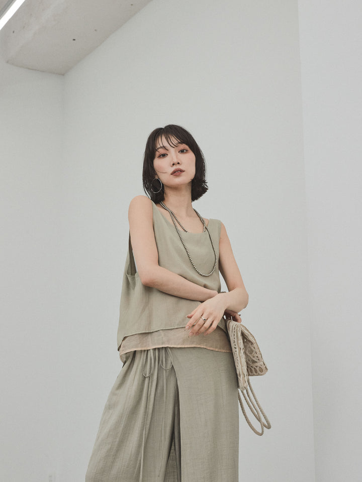 [SET] 洗衣機緞面透明層疊背心 + 洗衣機緞層疊裙褲 (2set)