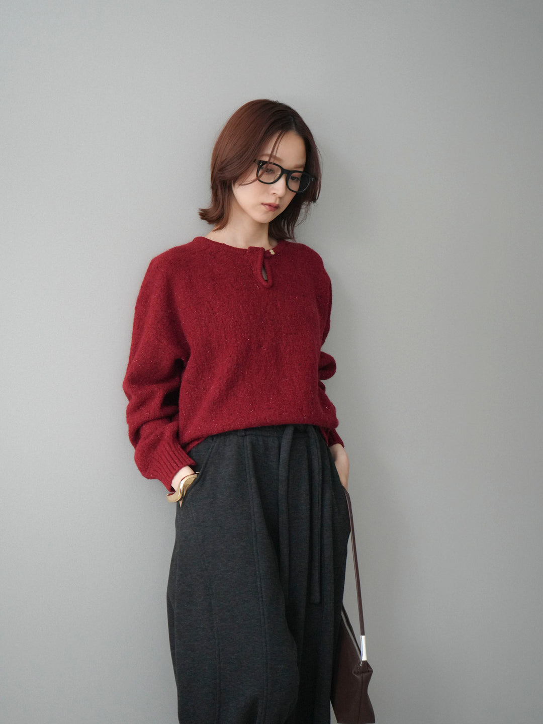 [予約]ツイストネックラメネップヤーンニットプルオーバー/red