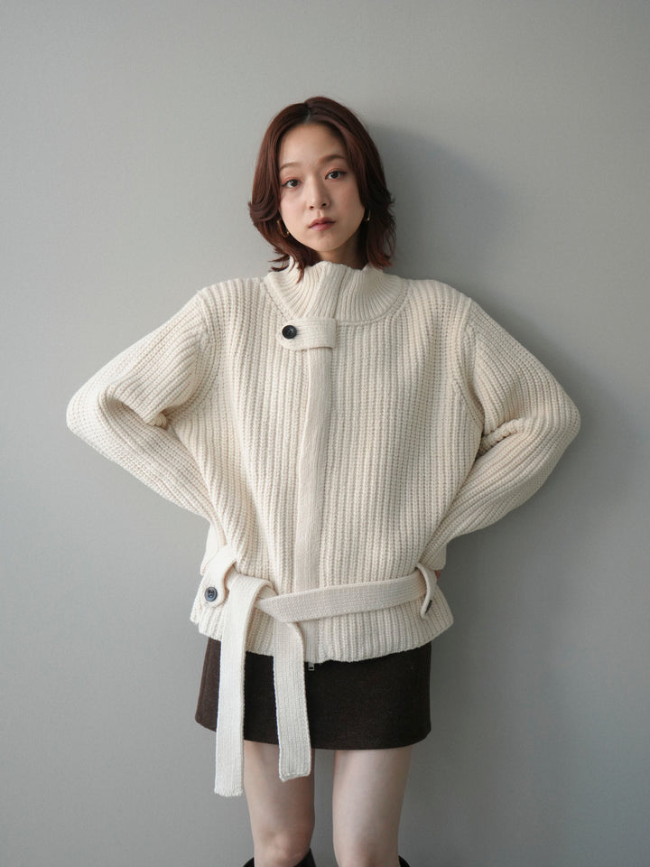 [予約]畦編みボトルネックZIPニットカーディガン/white