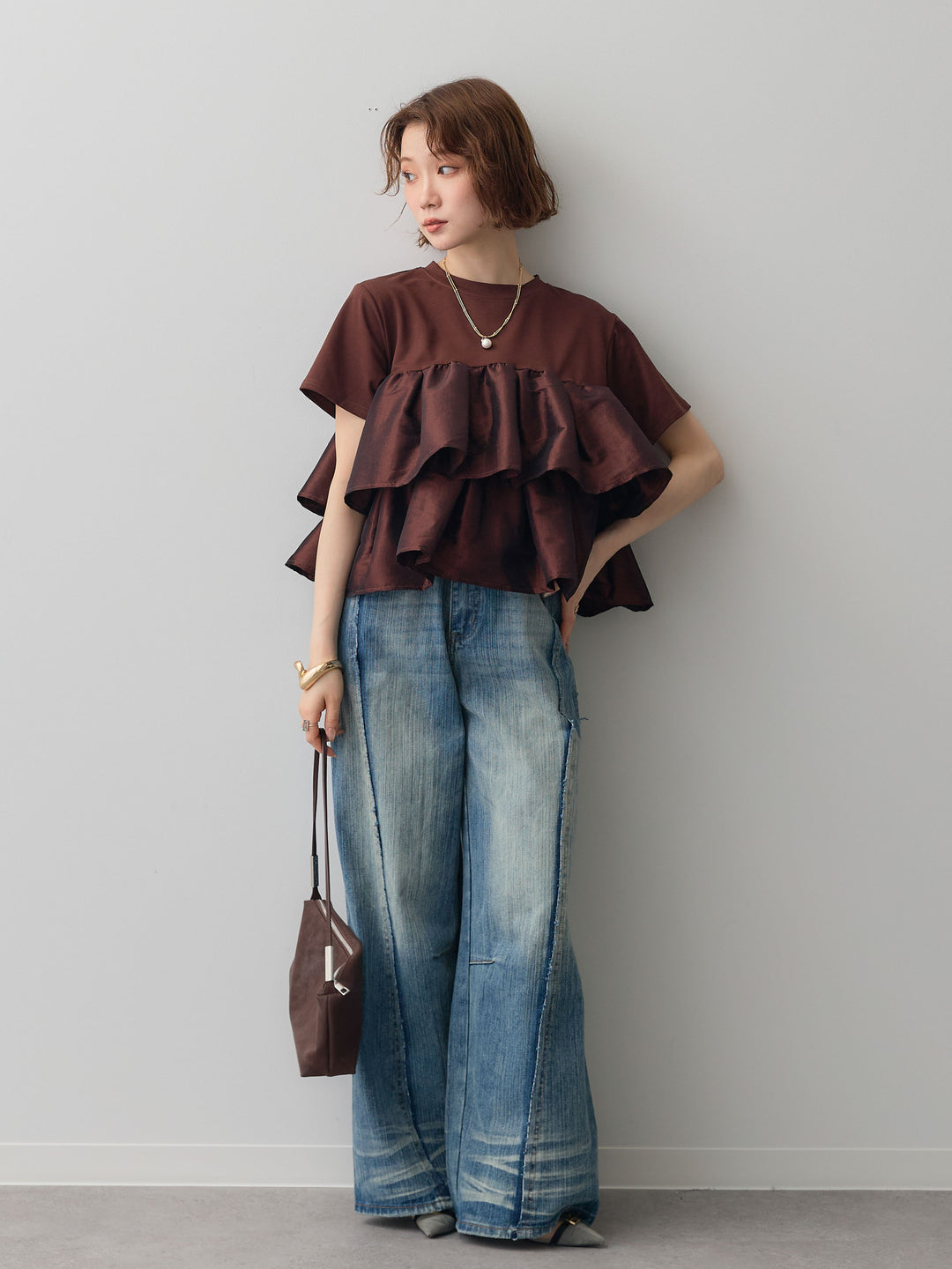 [SET]フリルティアードTEE+縦ウォッシュワイドデニムパンツ(2set)