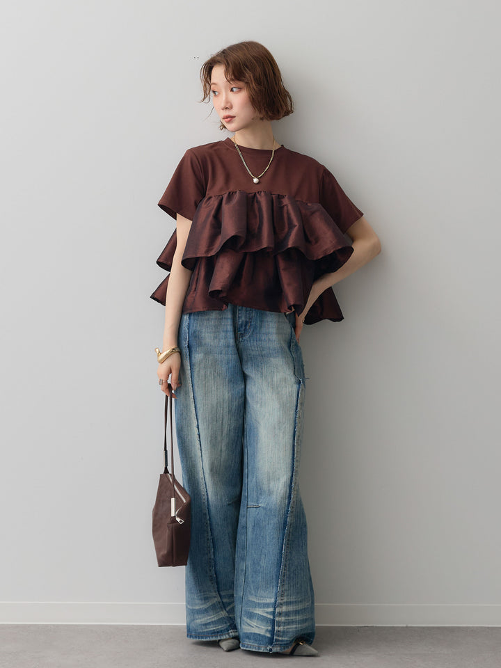 [SET]フリルティアードTEE+縦ウォッシュワイドデニムパンツ(2set)