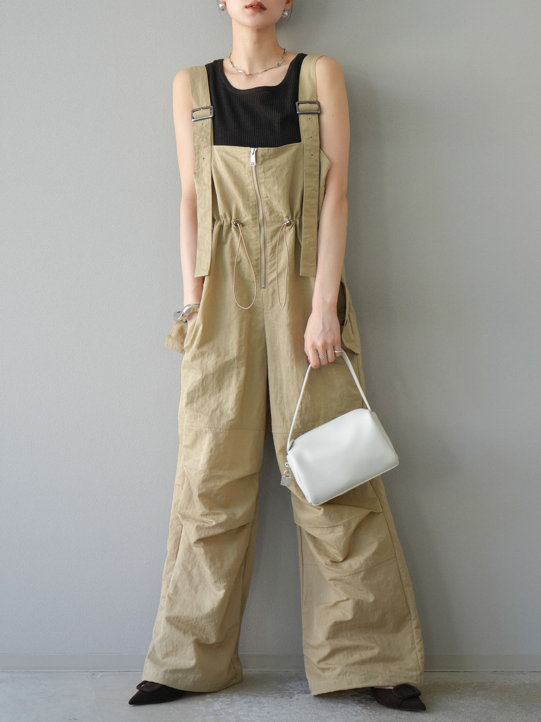 [予約]ナイロンタックデザインサロペット/ベージュ