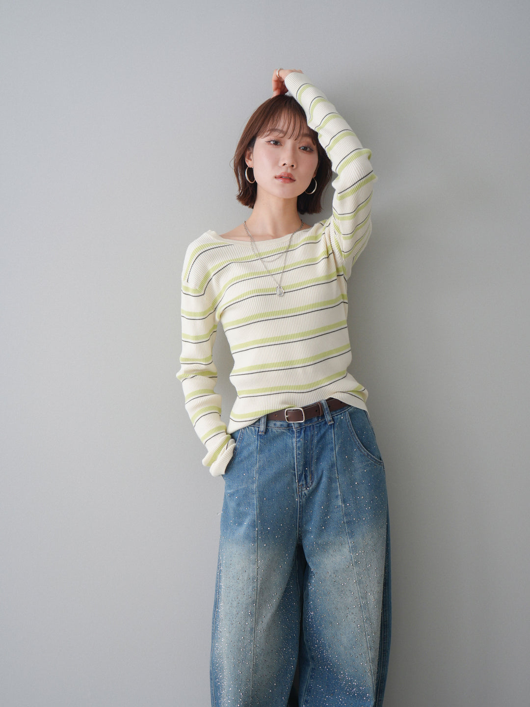 [予約]バックオープンテレコリブマルチボーダートップス/ivory