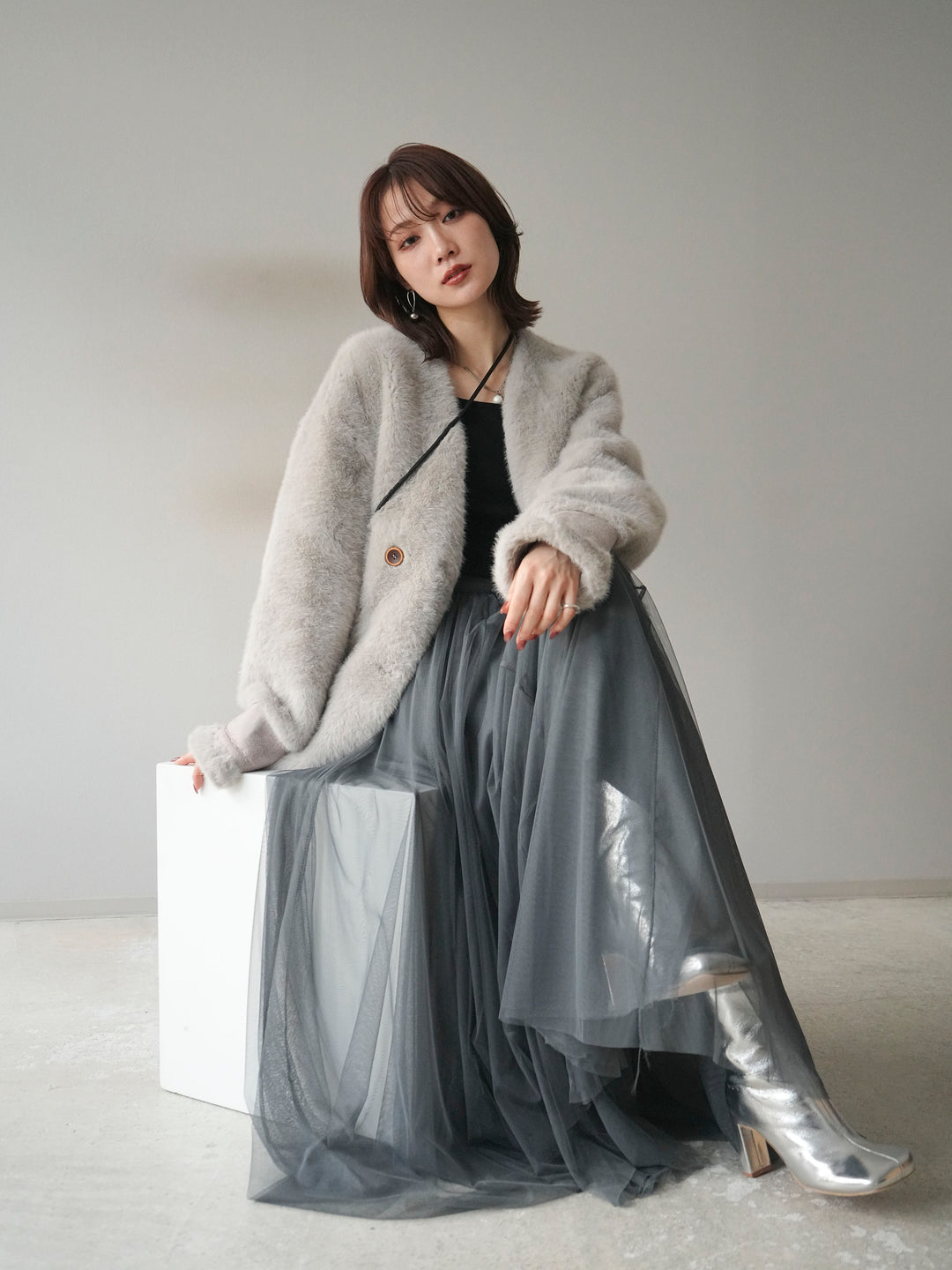 [SET]バッグ付エコファーノーカラーコート+チュールボリュームスカート(2set)