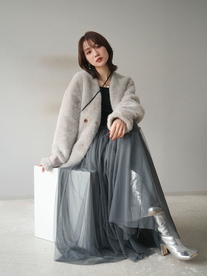 [SET]バッグ付エコファーノーカラーコート+チュールボリュームスカート(2set)