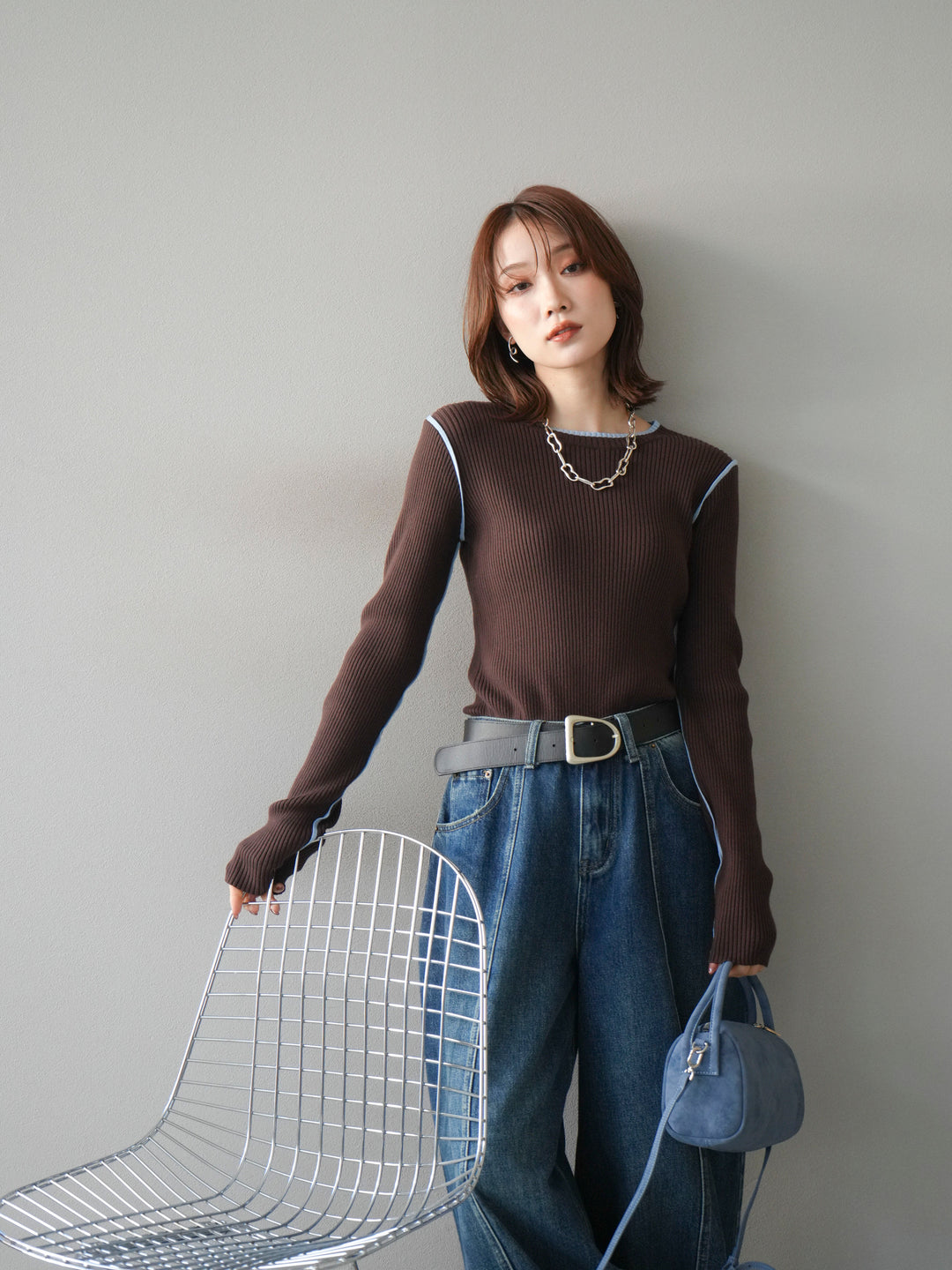 [予約]バイカラークルーネックリブニットトップス/brown