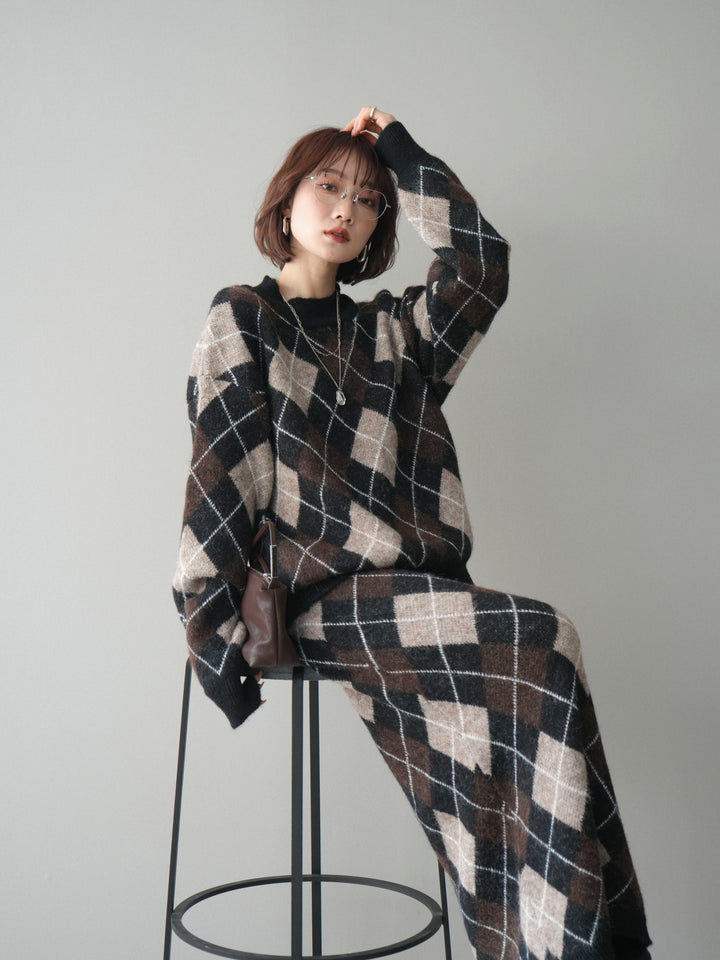 [SET]アーガイルニットプルオーバー&ロングスカートSET UP(2set)