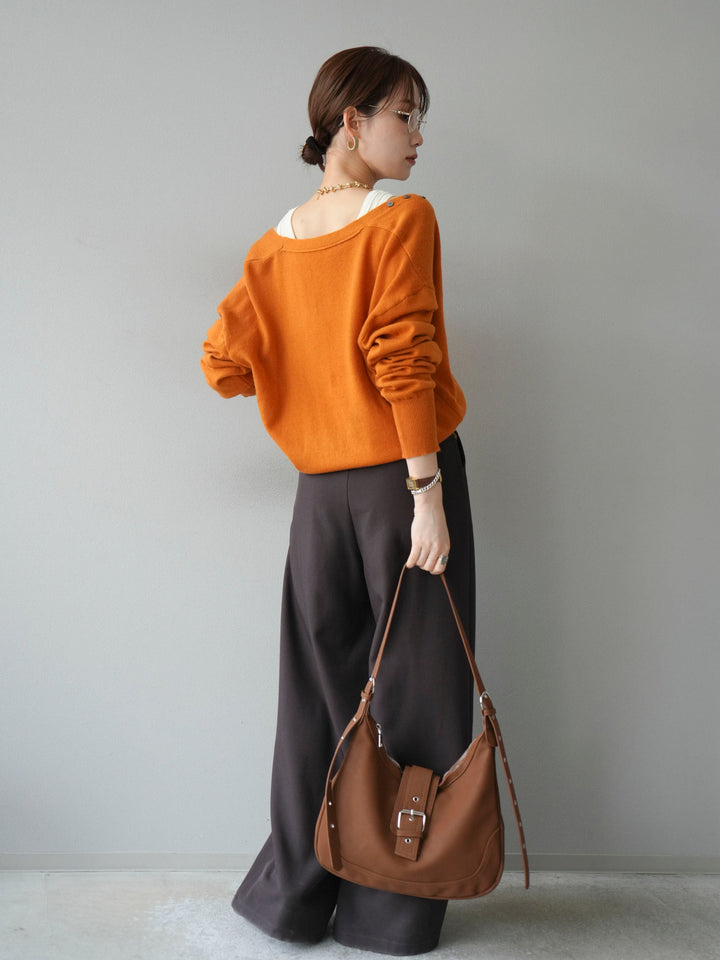 [SET]デザインボタンニットカーディガン＆タンクトップSET+ベルトループデザインワイドパンツ(2set)