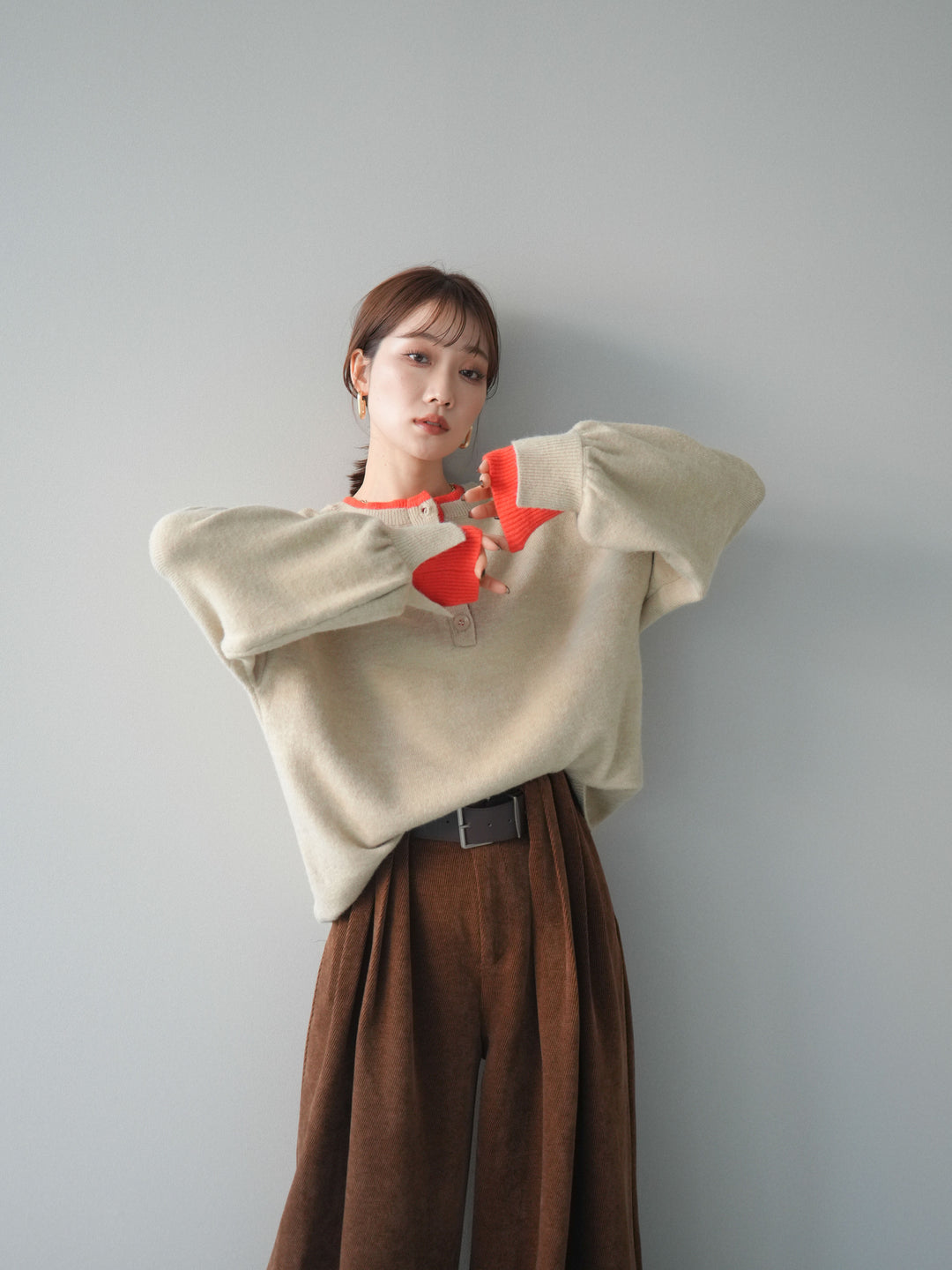 [予約]ヘンリーネック配色レイヤードニットプルオーバー/beige