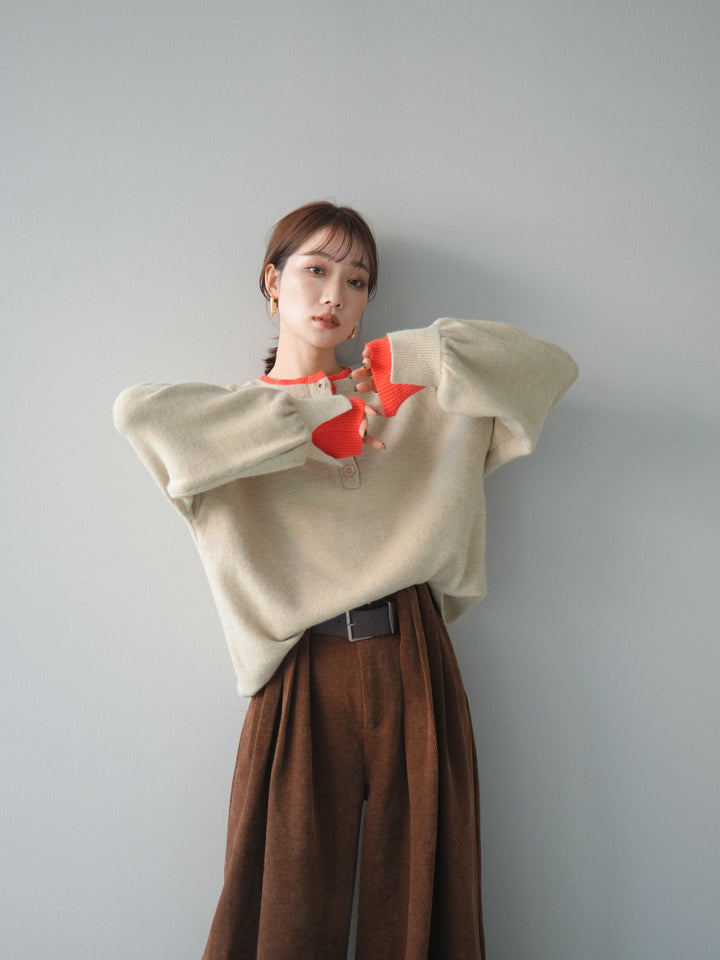 [予約]ヘンリーネック配色レイヤードニットプルオーバー/beige