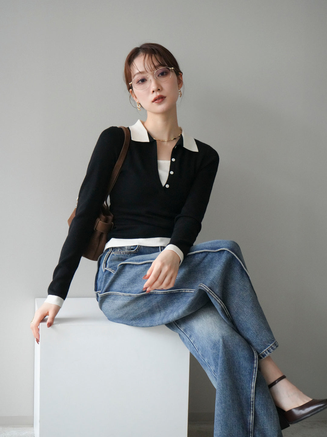 [予約]レイヤード配色ポロニットトップス/black