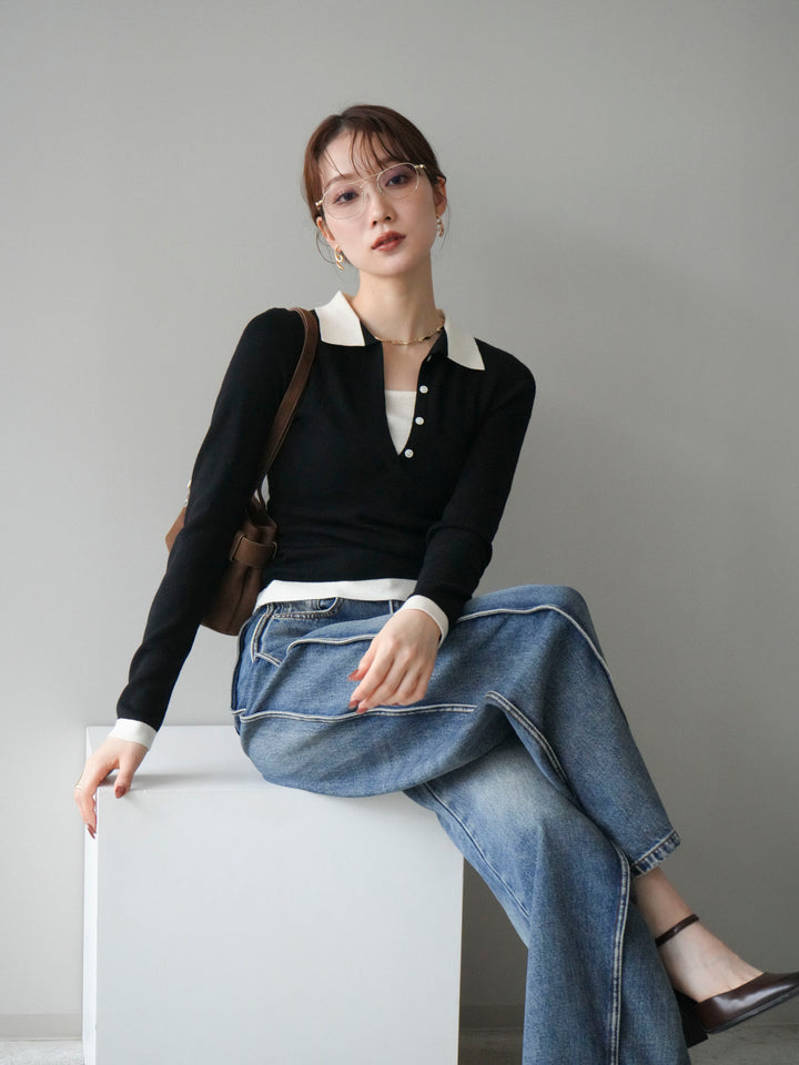 [予約]レイヤード配色ポロニットトップス/black