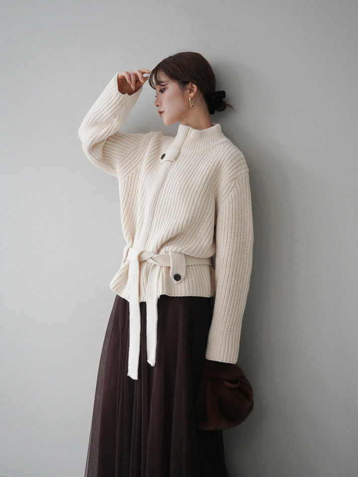 [予約]畦編みボトルネックZIPニットカーディガン/white