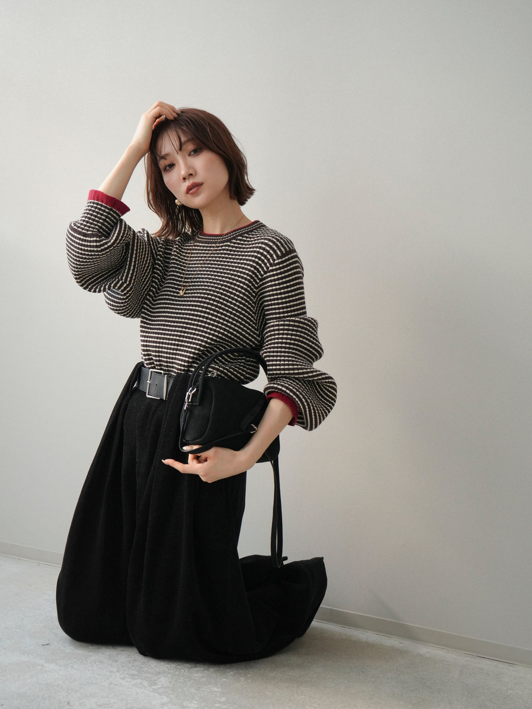 [予約]ラメ異素材ボーダーリブニットプルオーバー/brown×red