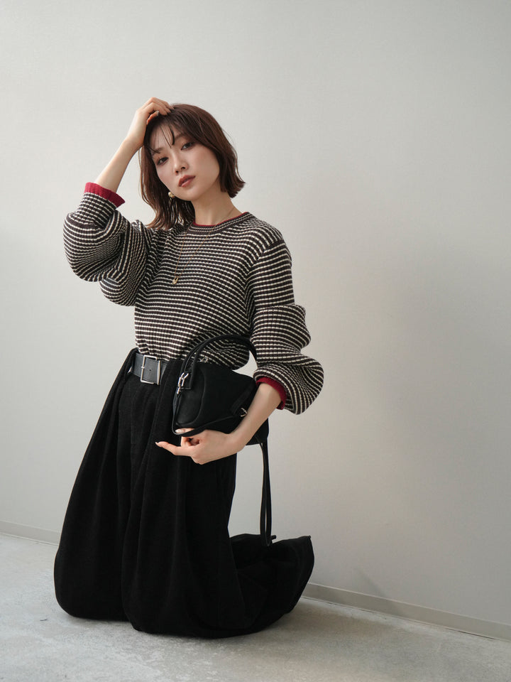 [予約]ラメ異素材ボーダーリブニットプルオーバー/brown×red