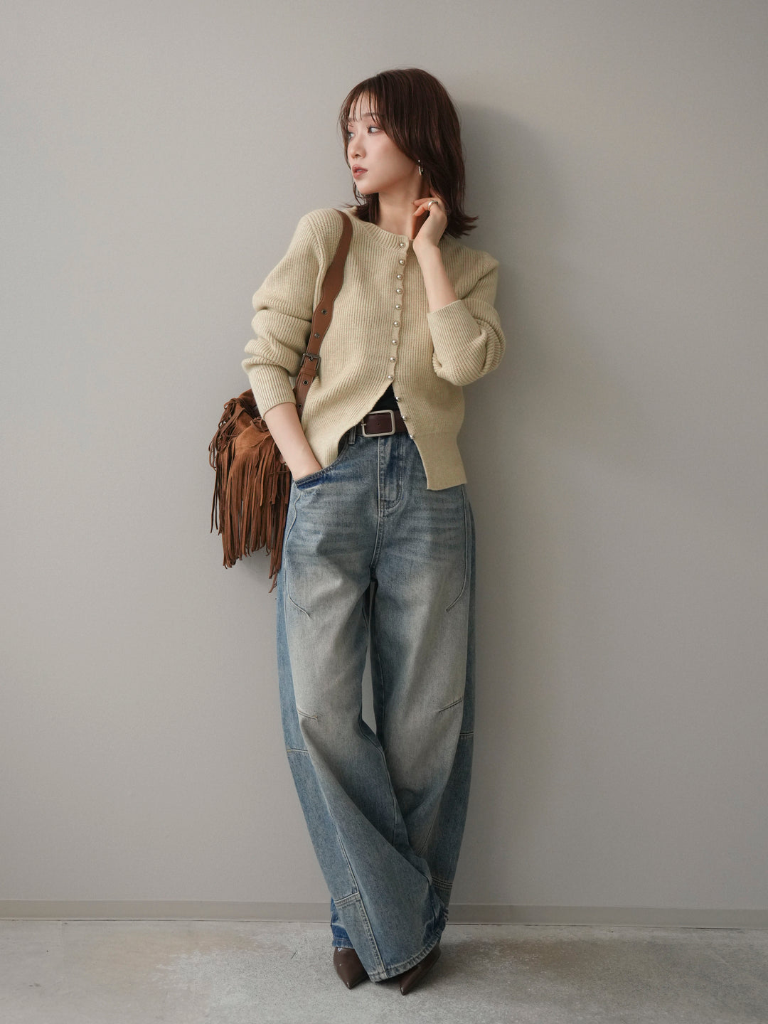 [SET]シルバーボタン畦編みニットカーディガン+ベルト付カーブデニムパンツ(2set)