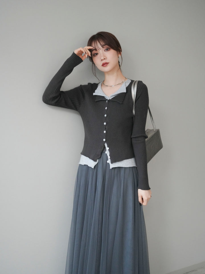 [予約]配色レイヤードリブニットカーディガン/charcoal