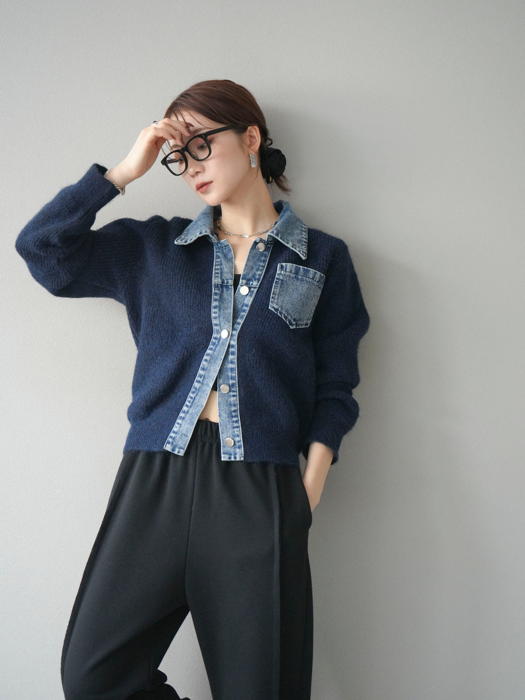[予約]デニム襟ポケットニットカーディガン/navy