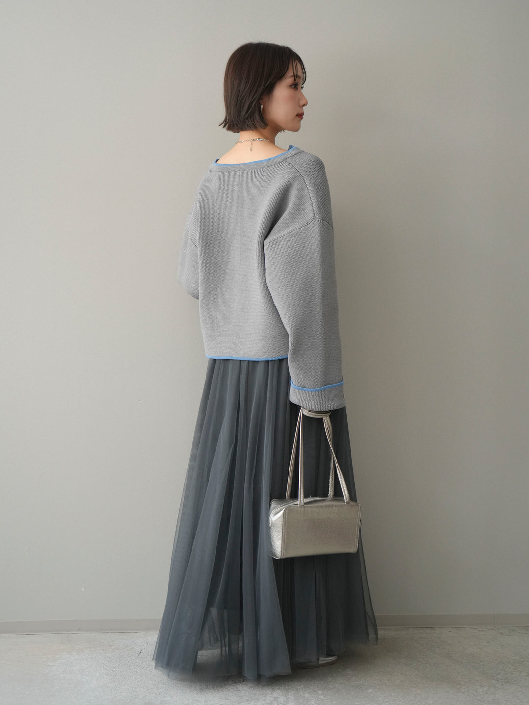 [SET]ポリエステル配色ニットカーディガン+チュールボリュームスカート(2set)