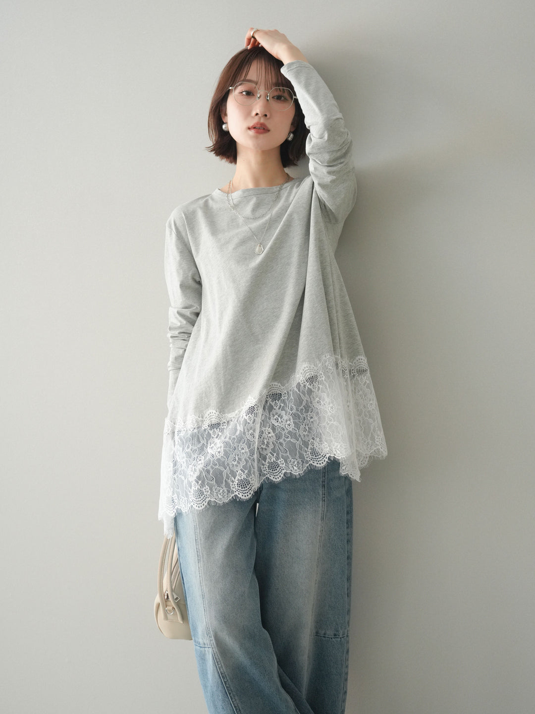 [SET]裾レースロングスリーブTシャツ+選べるアクセセット(2set)
