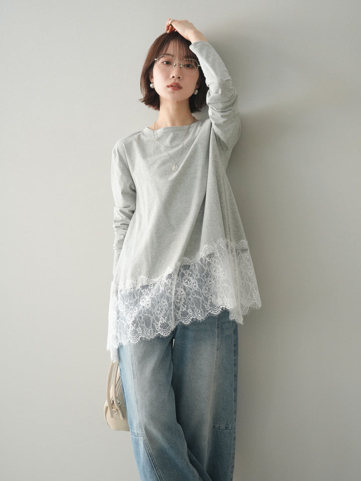 [SET]裾レースロングスリーブTシャツ+選べるアクセセット(2set)